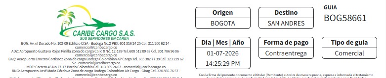Ejemplo de comprobante de despacho de Caribe Cargo con el número de guía resaltado en la esquina superior derecha
